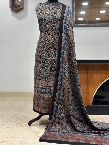 [SUMLK4650] Ajrakh Modal Top and Dupatta Sets 5012 Black Round