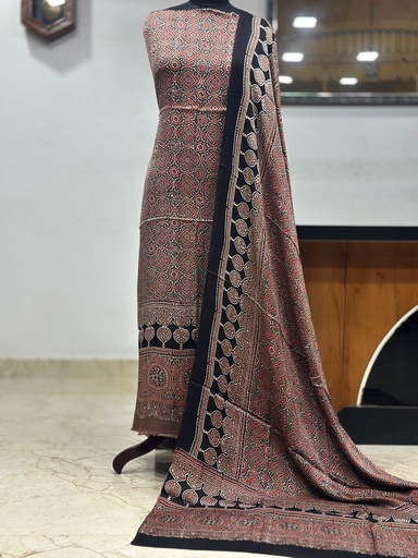 [SUMLK4650] Ajrakh Modal Top and Dupatta Sets 5012 Brown round