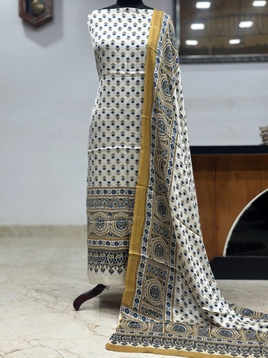 [SUMLK4650] Ajrakh Modal Top and Dupatta Sets 5012 Ivory yellow flower