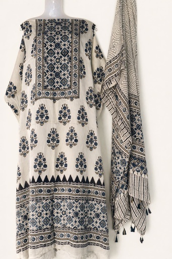 [SUMLK4650] Ajrakh Modal Top and Dupatta Sets 5012 White