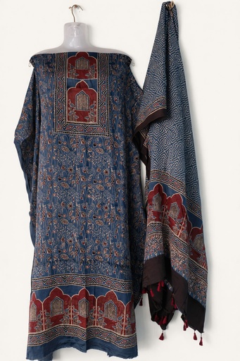 [SUMLK4650] Ajrakh Modal Top and Dupatta Sets 5012 Blue 1