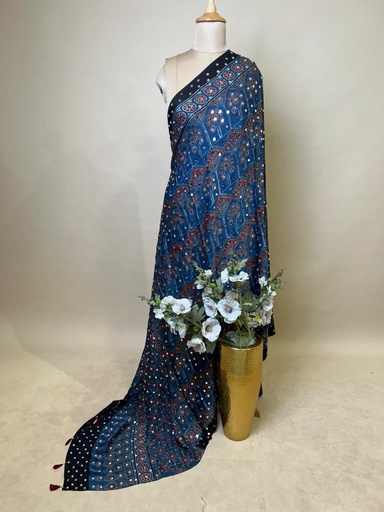 [DUAS3650] Ajrakh Mirror Work Silk Dupatta 5035 