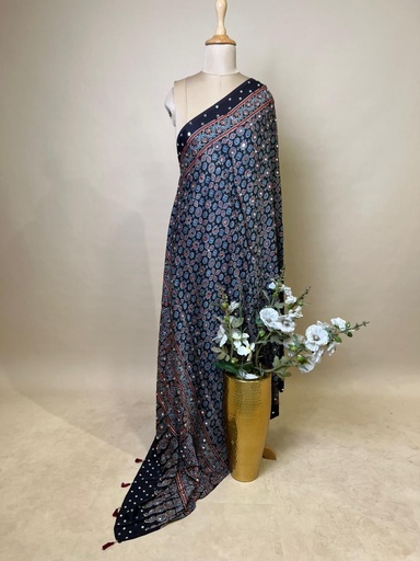 [DUAS3650] Ajrakh Mirror Work Silk Dupatta 5035 