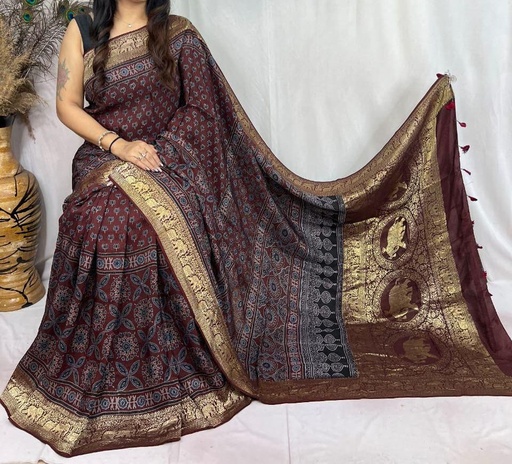 [SAVD8250] Ajrakh Dola Silk Sarees 5018