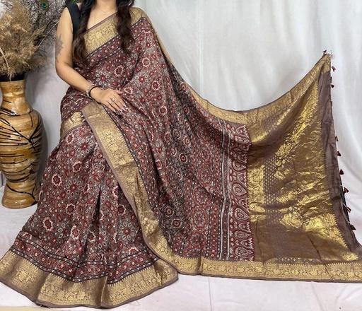 [SAVD8250] Ajrakh Dola Silk Sarees 5018 