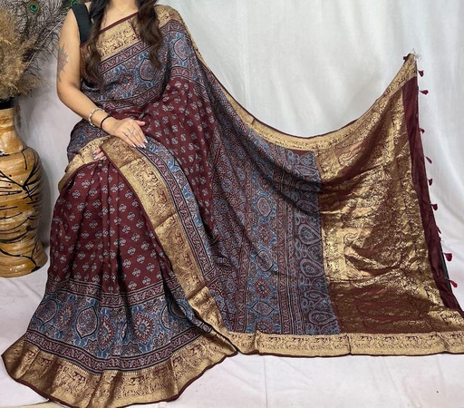[SAVD8250] Ajrakh Dola Silk Sarees 5018  