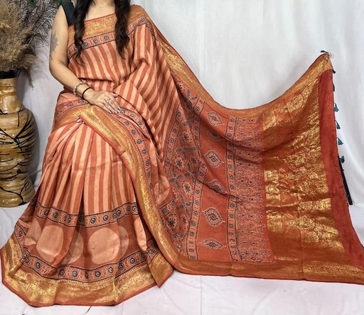 [SAVD8250] Ajrakh Dola Silk Sarees 5018 