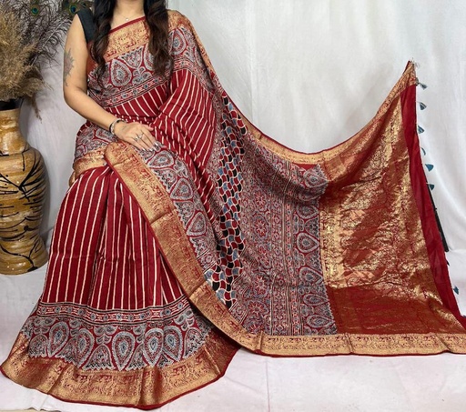 [SAVD8250] Ajrakh Dola Silk Sarees 5018 