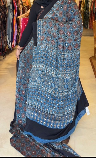 [SAKH7750] Ajrakh Silk Mirror Sarees 5036