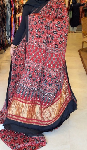 [SAKH8350] Ajrakh Silk Mirror Sarees 5036