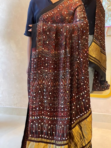 [SAKH8350] Ajrakh Silk Mirror Sarees 5036