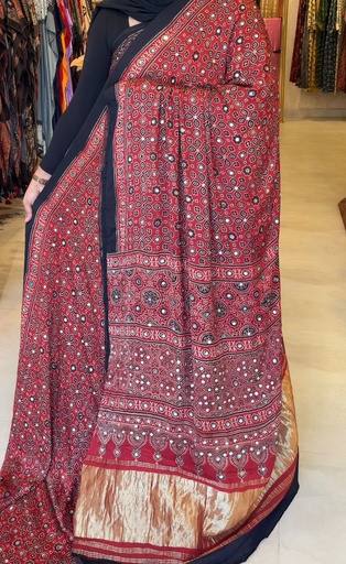 [SAKH8350] Ajrakh Silk Mirror Sarees 5036 