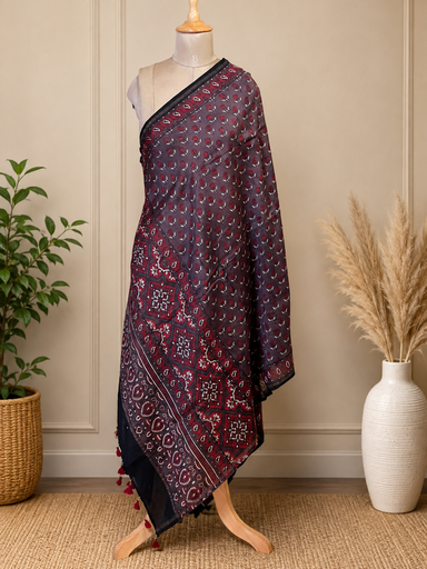 [DUKMS2950] Ajrakh Chanderi Silk Dupatta 5017