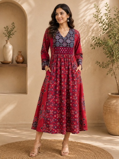 Ajrakh Cotton Aline Kurti 5029