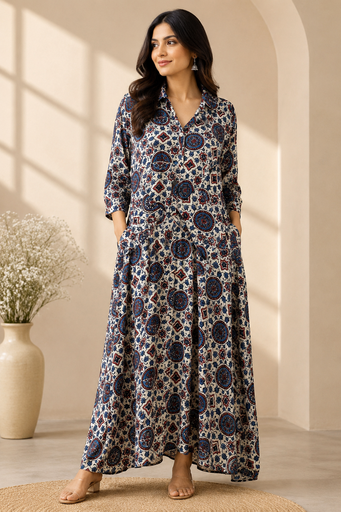 [KUVK4650] Ajrakh Modal Kaftan Style Dress 4803