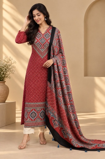 Ajrakh Modal Kurti Dupatta Set 5012